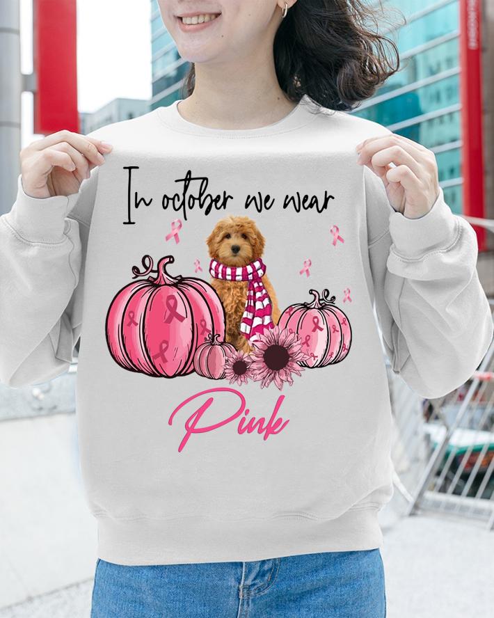 Goldendoodle in October we wear Pink Breast Cancer Pumpkin t-shirt sweatshirt
