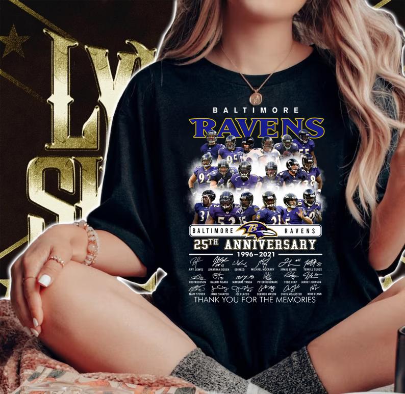 Team Baltimore Ravens 25th Anniversary 1996-2021 Signatures t-shirt woman shirt