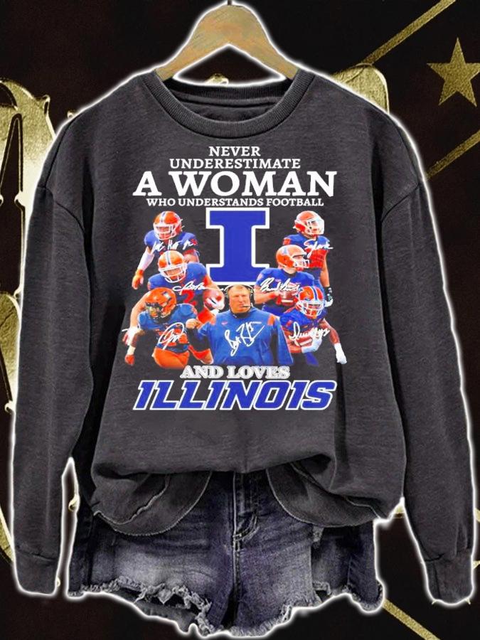 Never underestimate a woman who understands football and loves Illinois shirt t-shirt sweatshirt