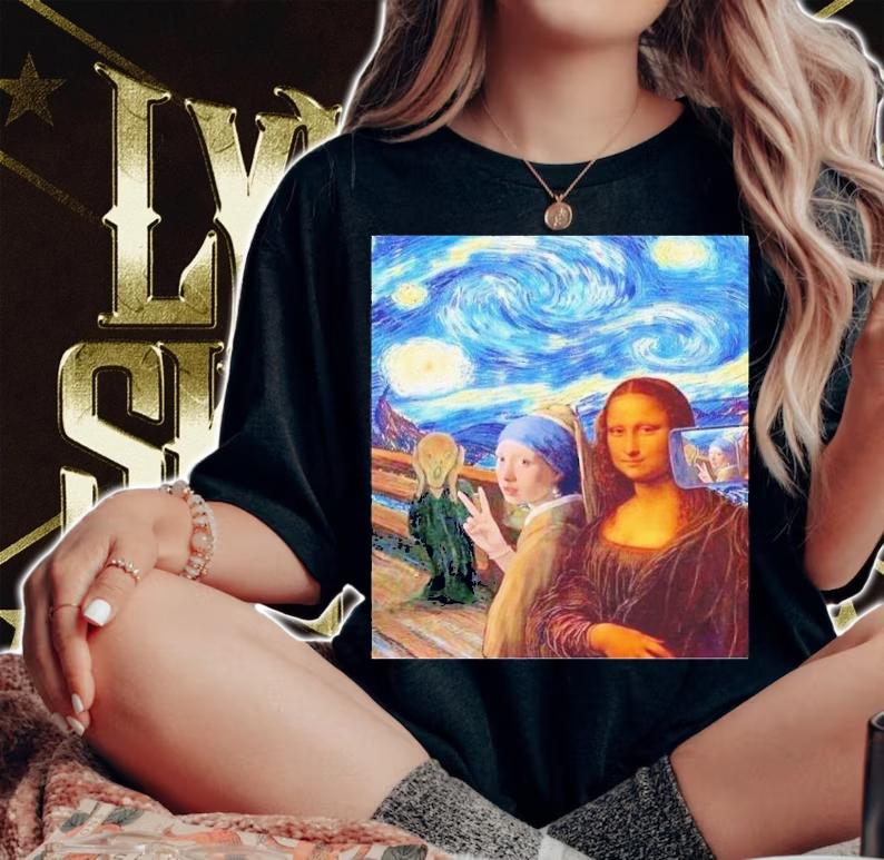 Scream Selfie Paintings Mash Up Mona Lisa Girl With A Pearl Earring Shirt t-shirt