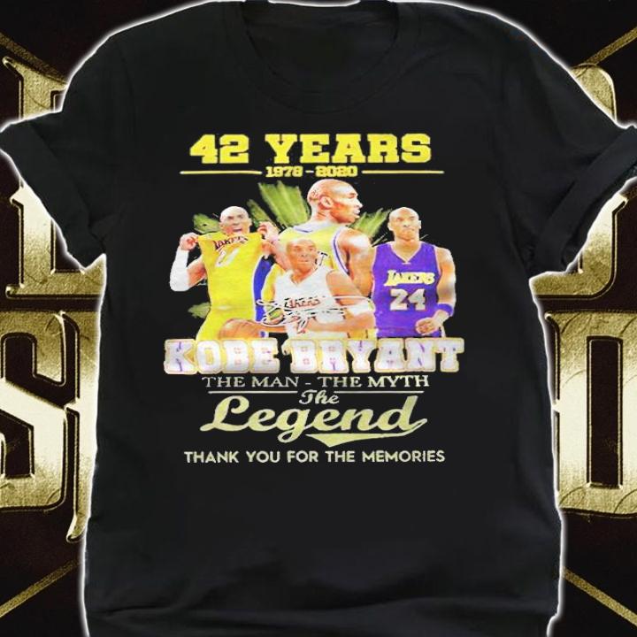 42 years 1978-2020 Kobe Bryant The Man The Myth The Legends signatures thank you for the memories t-shirt