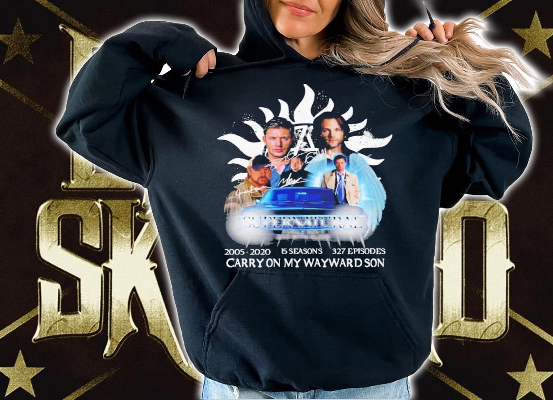 supernatural 2005 2020 15 seasons 327 episodes carry on my wayward son signatures shirt t-shirt