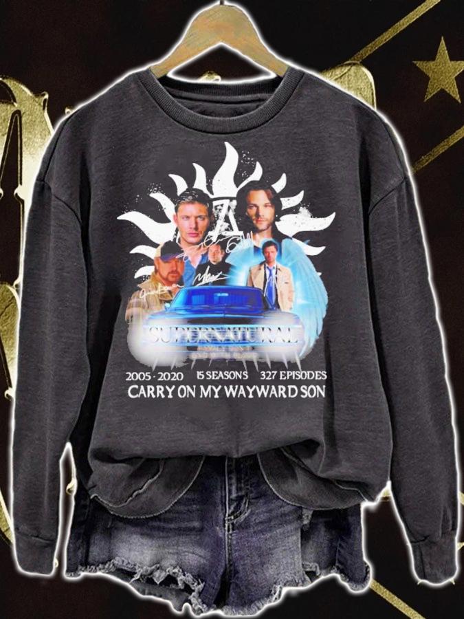 supernatural 2005 2020 15 seasons 327 episodes carry on my wayward son signatures shirt t-shirt
