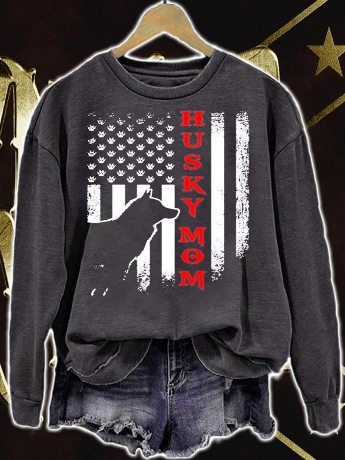 Vintage Usa American Flag Siberian Husky Dog Mom Silhouette Pullover T-Shirt t-shirt sweatshirt