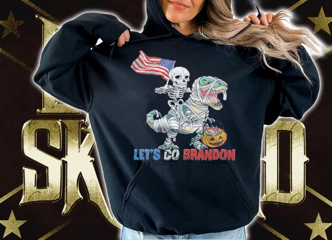 F Joe Biden skeleton Ridding Dinosaur T Rex Let's Go Brandon Halloween T-Shirt t-shirt