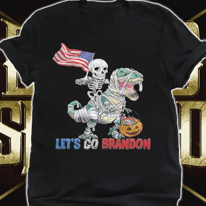 F Joe Biden skeleton Ridding Dinosaur T Rex Let's Go Brandon Halloween T-Shirt t-shirt
