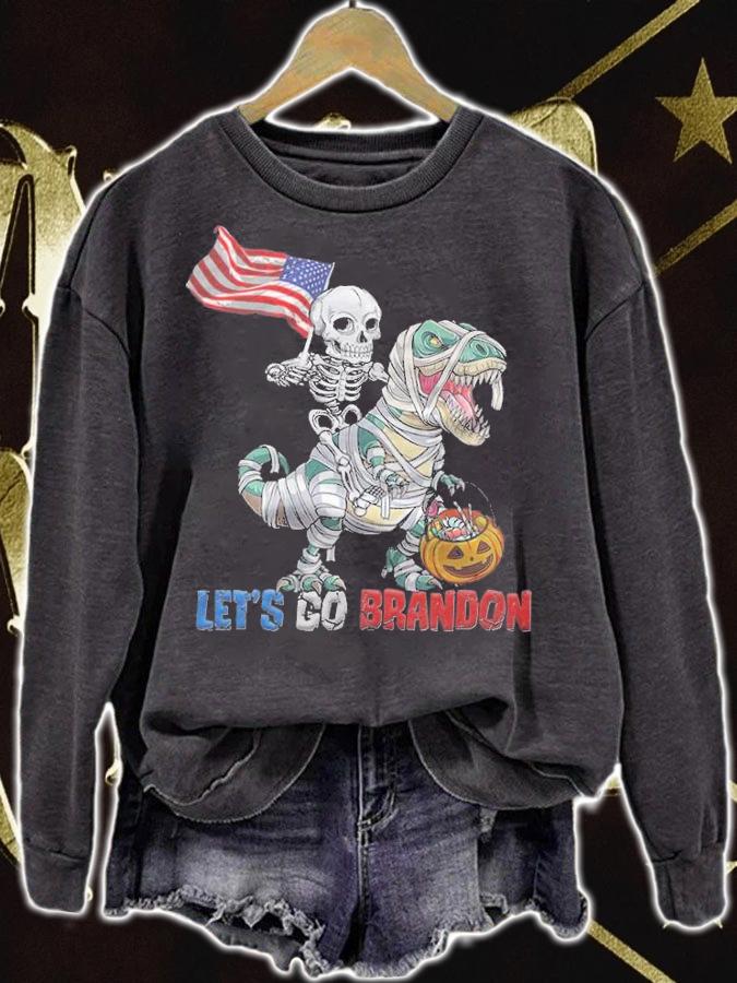F Joe Biden skeleton Ridding Dinosaur T Rex Let's Go Brandon Halloween T-Shirt t-shirt