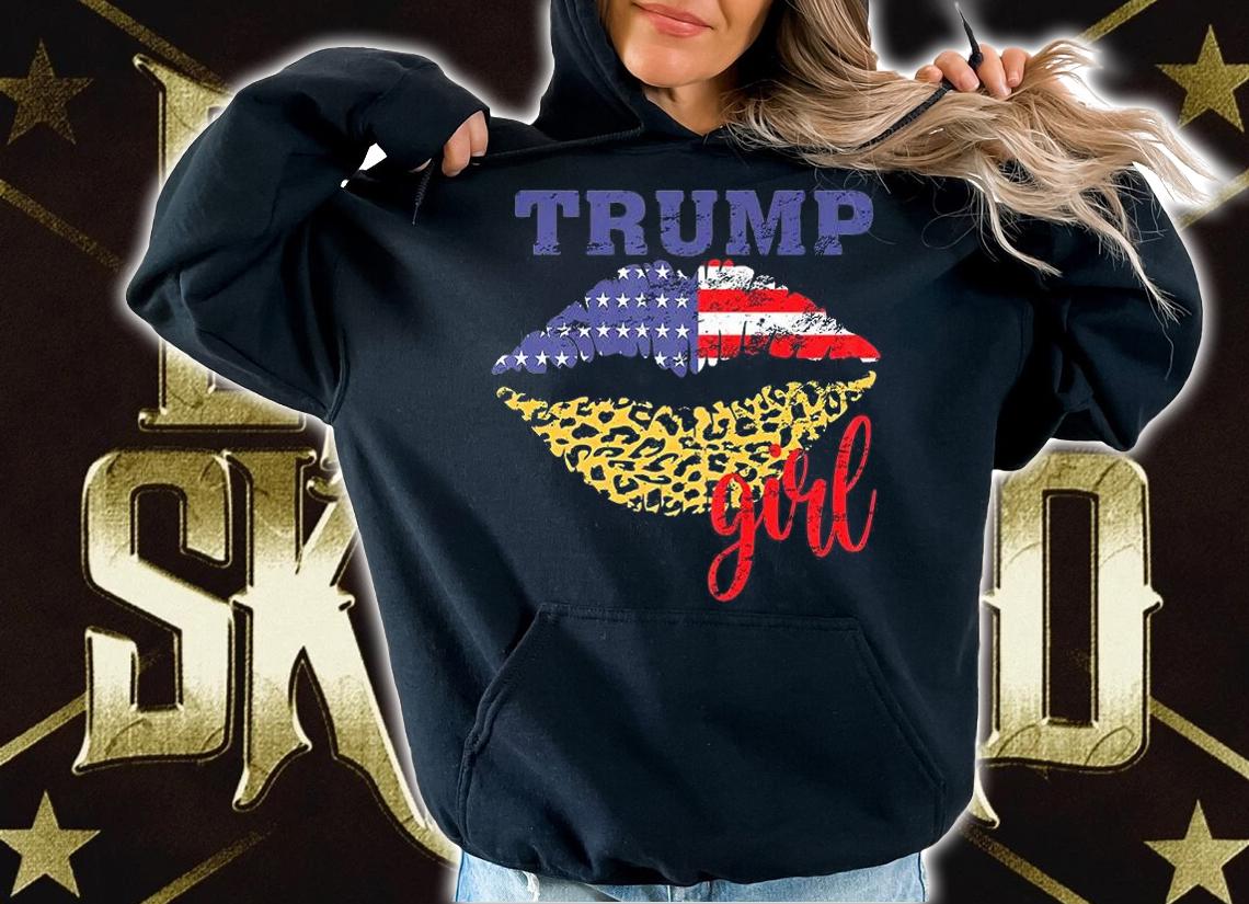 Womens Trump Girl Leopard Lips USA Flag T-Shirt hoodie