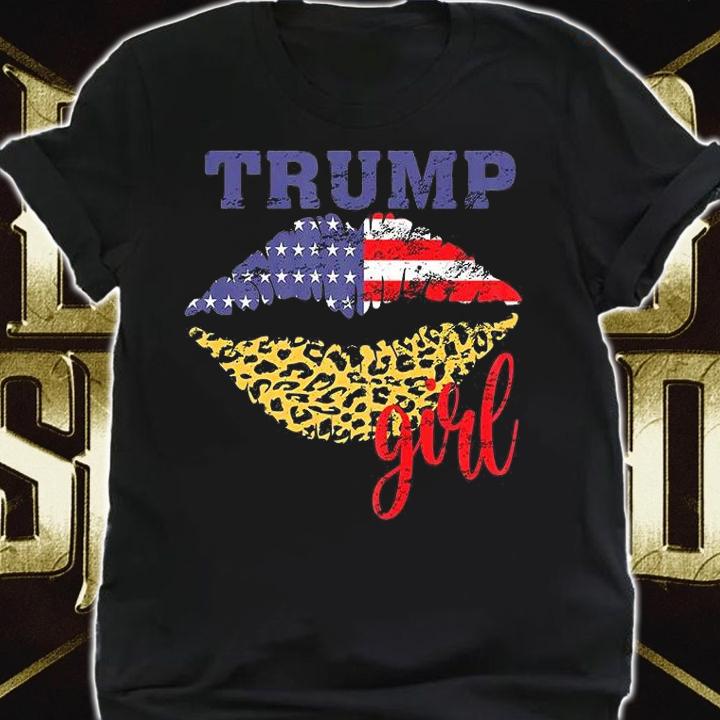 Womens Trump Girl Leopard Lips USA Flag T-Shirt shirt