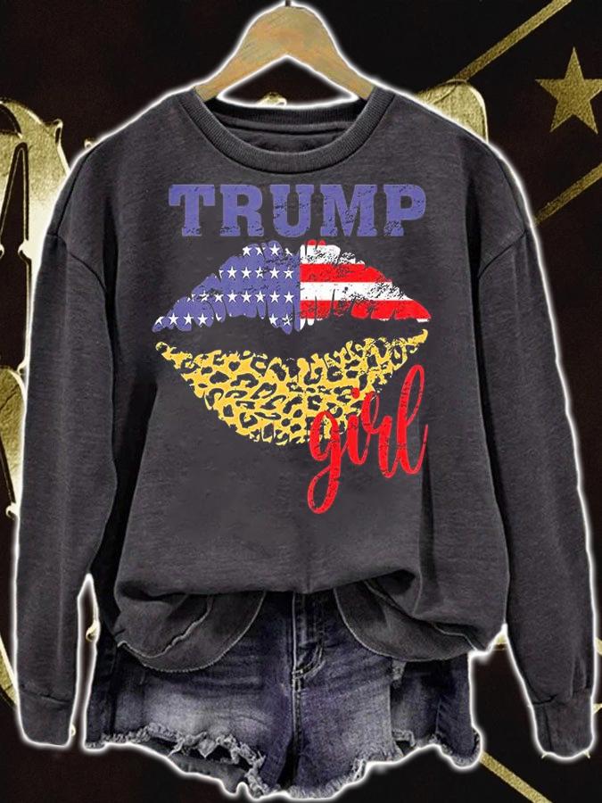 Womens Trump Girl Leopard Lips USA Flag T-Shirt sweatshirt
