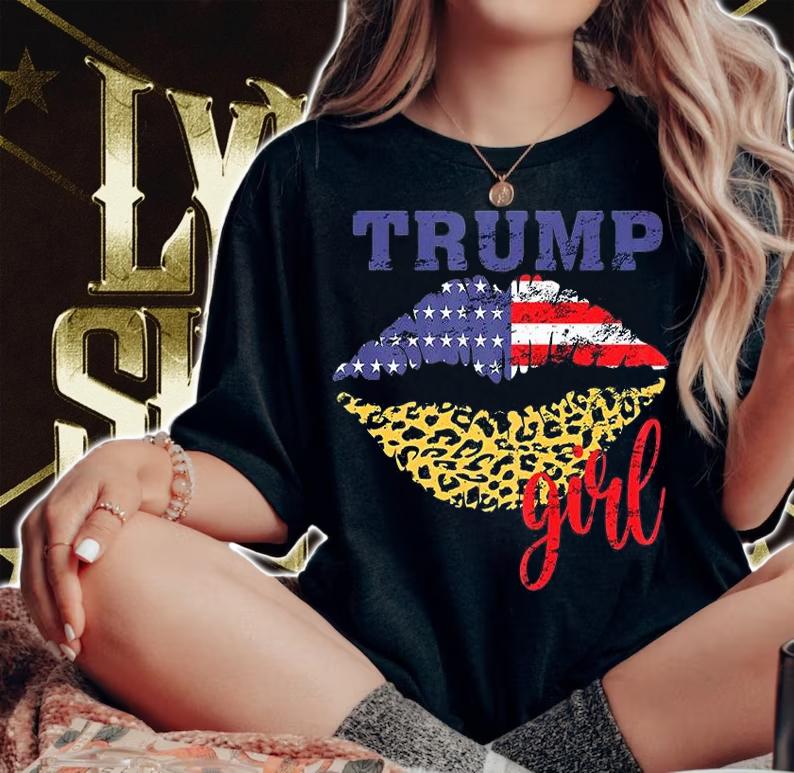 Womens Trump Girl Leopard Lips USA Flag T-Shirt woman shirt