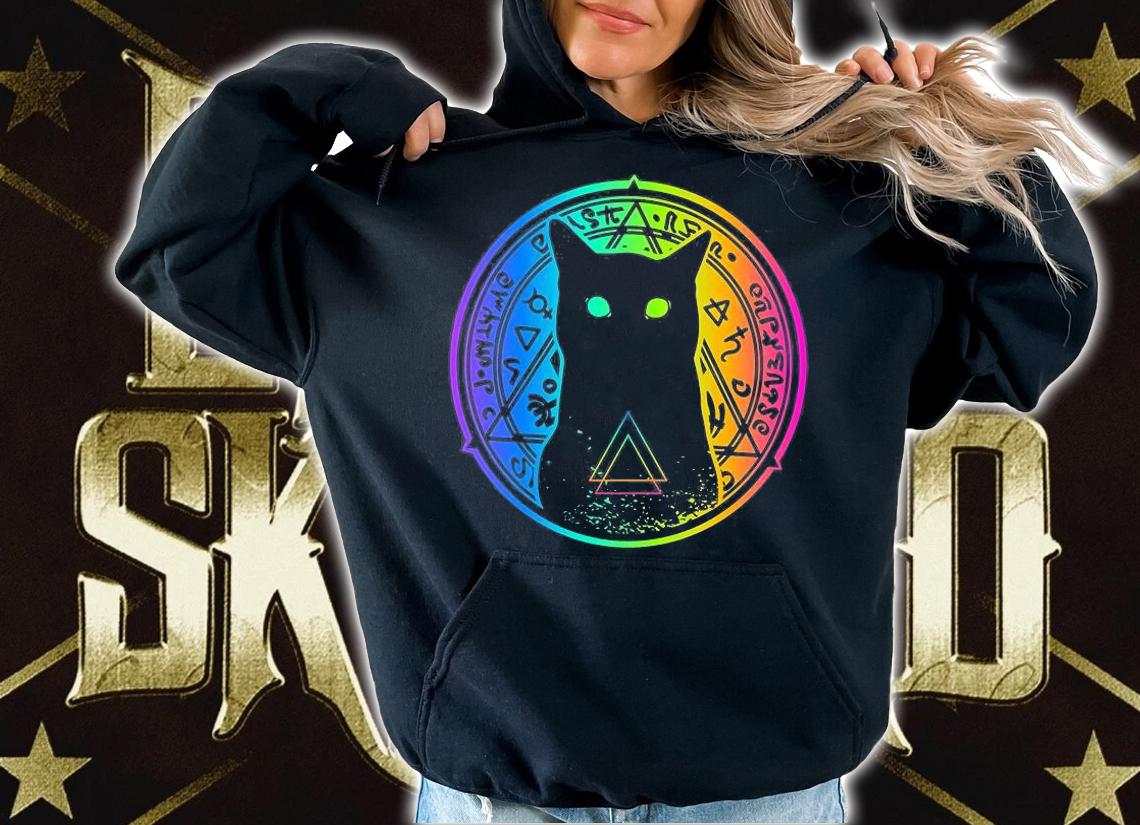 Silhouette cat on background multicolored halloween t-shirt hoodie