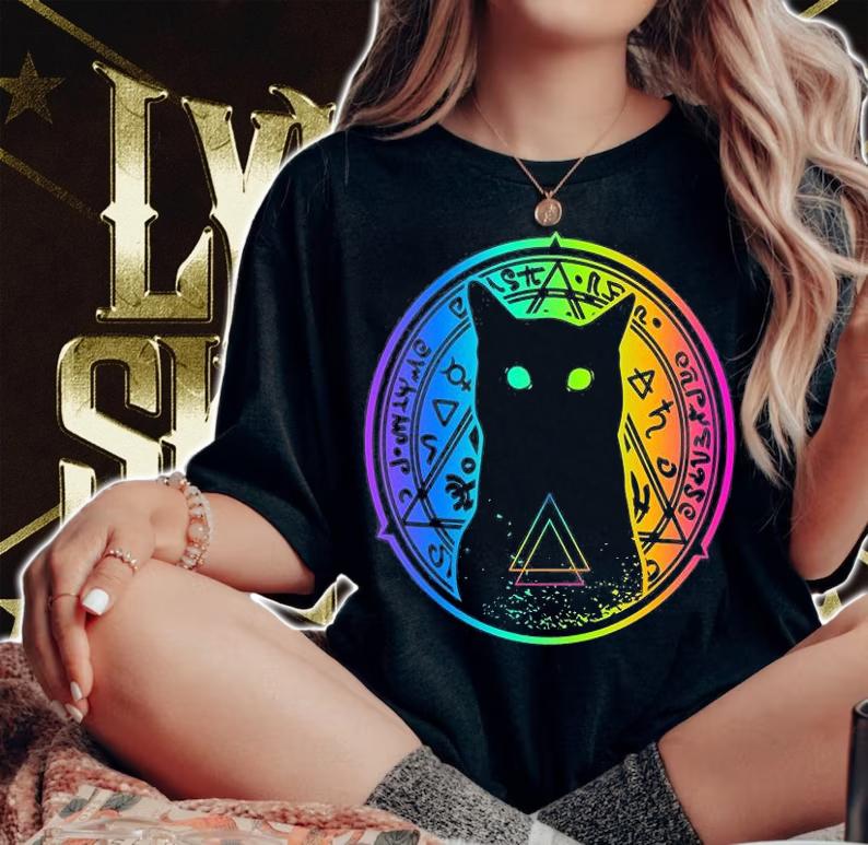 Silhouette cat on background multicolored halloween t-shirt woman shirt