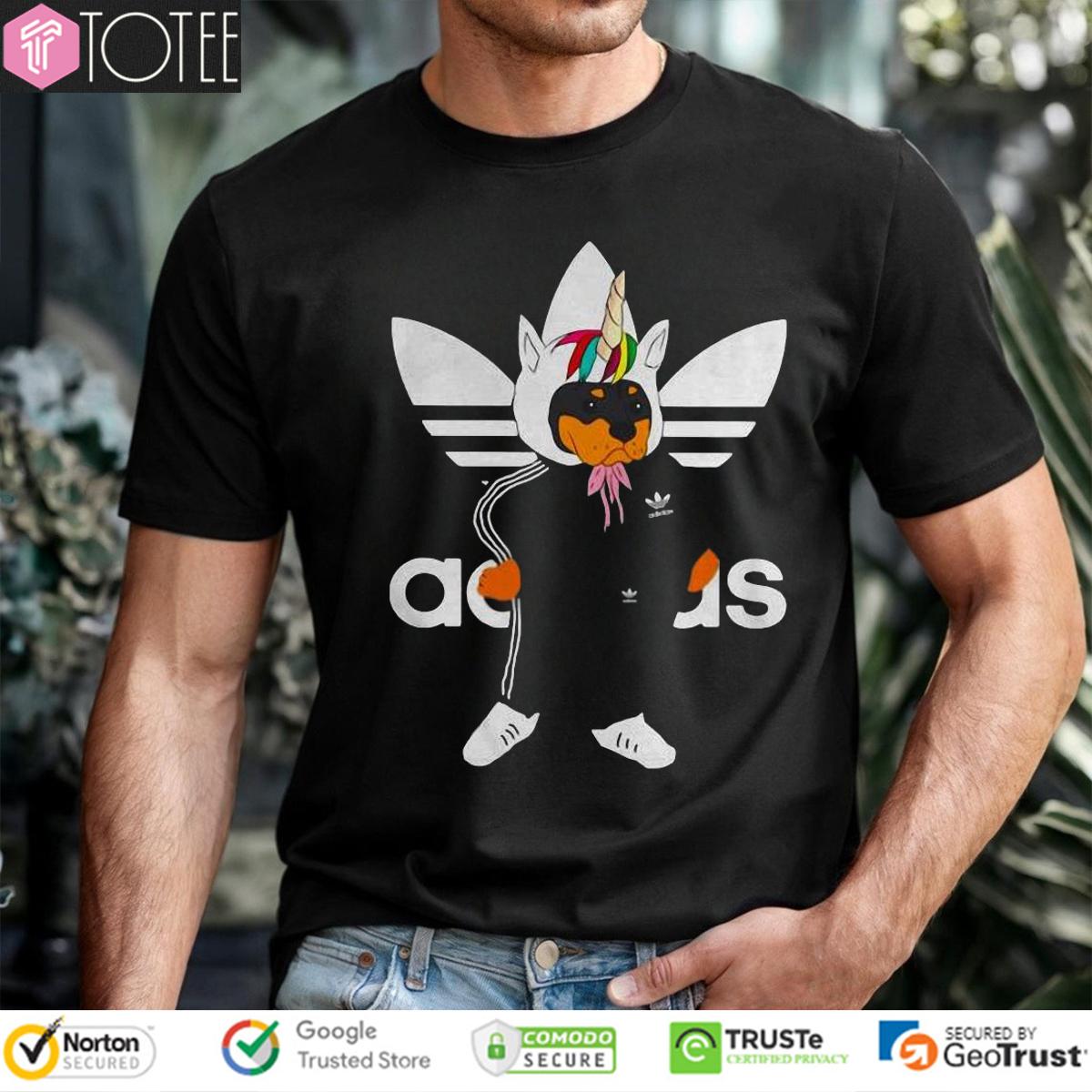 Rottweiler Wearing Unicorn Hat Parody Adidas Logo T-Shirt